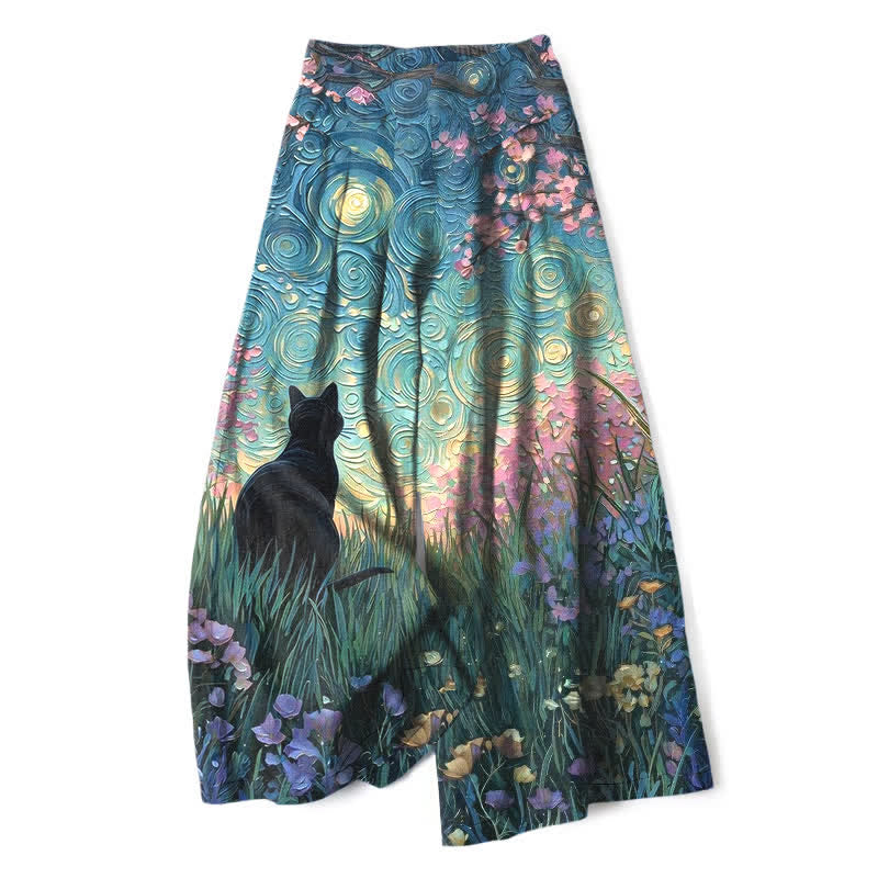 Buddha Stones Cotton Linen Enchanted Forest Black Cat Pattern Women's Elastic Waist Wide Leg Pants With Pockets - CadetBlue - US16,UK/AU20,EU48 (3XL) - image 0
