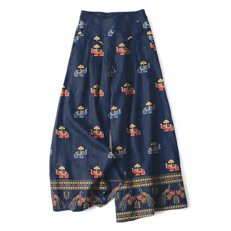 Buddha Stones Cotton Linen Bohemian Elephant Pattern Women's Elastic Waist Wide Leg Pants With Pockets - MidnightBlue - US16,UK/AU20,EU48 (3XL) - image 0