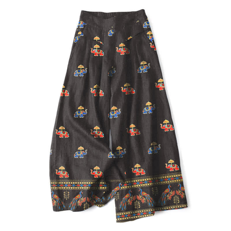 Buddha Stones Cotton Linen Bohemian Elephant Pattern Women's Elastic Waist Wide Leg Pants With Pockets - SaddleBrown - US16,UK/AU20,EU48 (3XL) - image 4