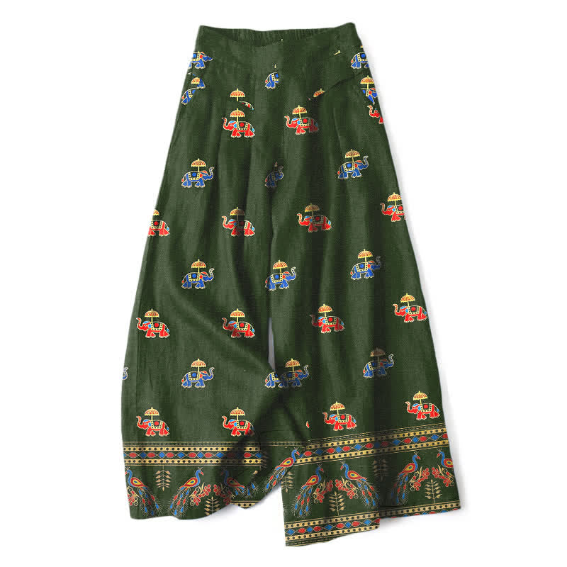 Buddha Stones Cotton Linen Bohemian Elephant Pattern Women's Elastic Waist Wide Leg Pants With Pockets - DarkGreen - US16,UK/AU20,EU48 (3XL) - image 6