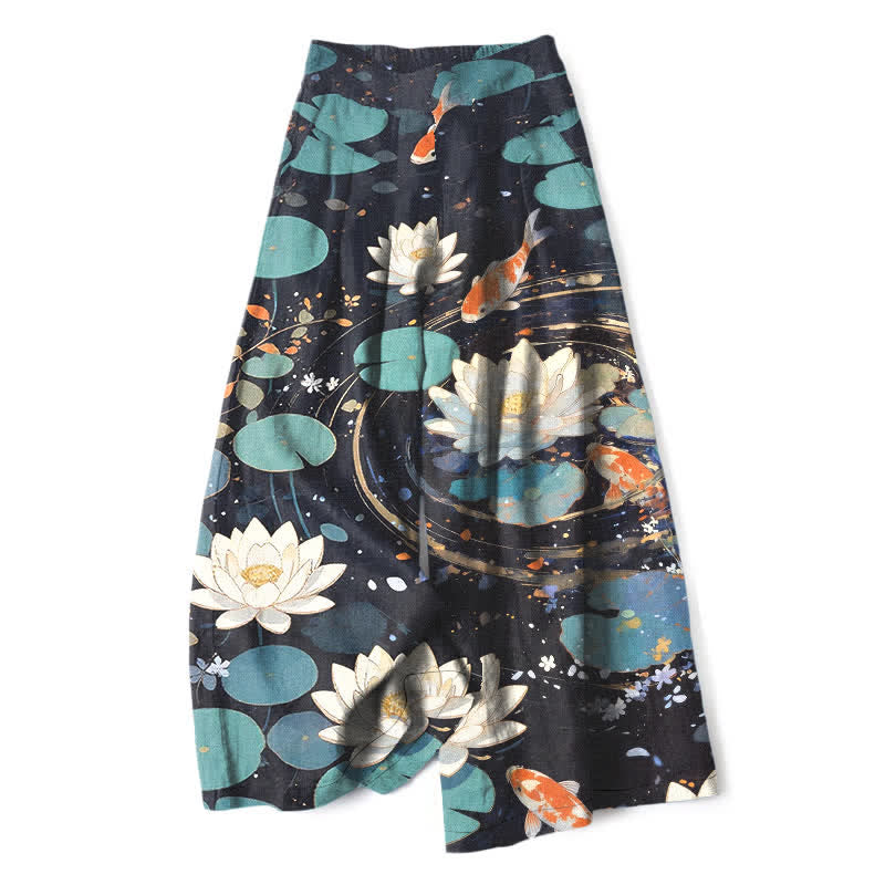 Buddha Stones Cotton Linen Lotus Koi Fish Pattern Women's Elastic Waist Wide Leg Pants With Pockets - Black - US16,UK/AU20,EU48 (3XL) - image 0