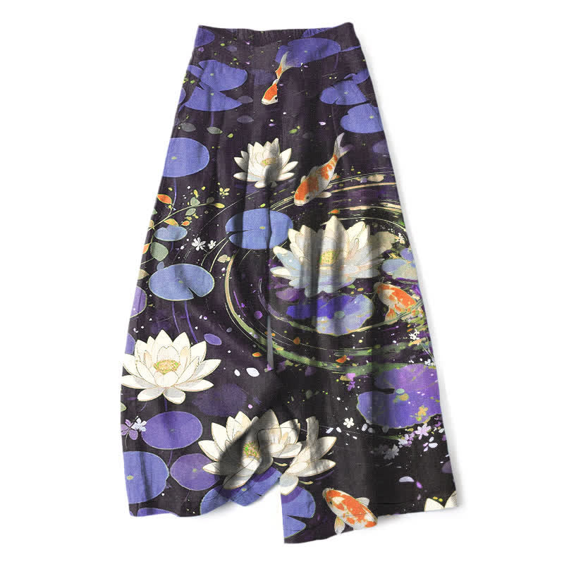 Buddha Stones Cotton Linen Lotus Koi Fish Pattern Women's Elastic Waist Wide Leg Pants With Pockets - BlueViolet - US16,UK/AU20,EU48 (3XL) - image 4