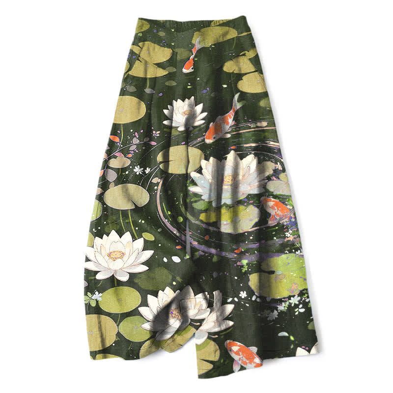 Buddha Stones Cotton Linen Lotus Koi Fish Pattern Women's Elastic Waist Wide Leg Pants With Pockets - DarkOliveGreen - US16,UK/AU20,EU48 (3XL) - image 6