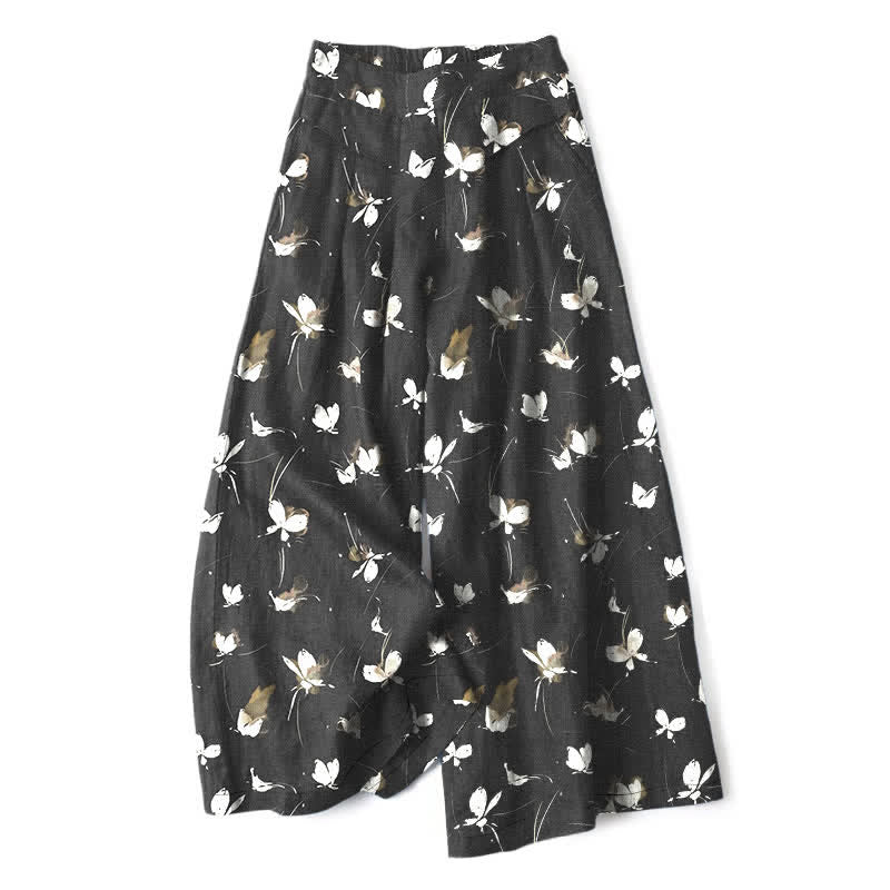 Buddha Stones Cotton Linen Vintage Floral White Butterfly Pattern Women's Elastic Waist Wide Leg Pants With Pockets - Black - US16,UK/AU20,EU48 (3XL) - image 0