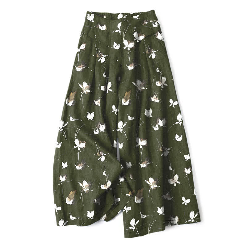 Buddha Stones Cotton Linen Vintage Floral White Butterfly Pattern Women's Elastic Waist Wide Leg Pants With Pockets - DarkOliveGreen - US16,UK/AU20,EU48 (3XL) - image 4