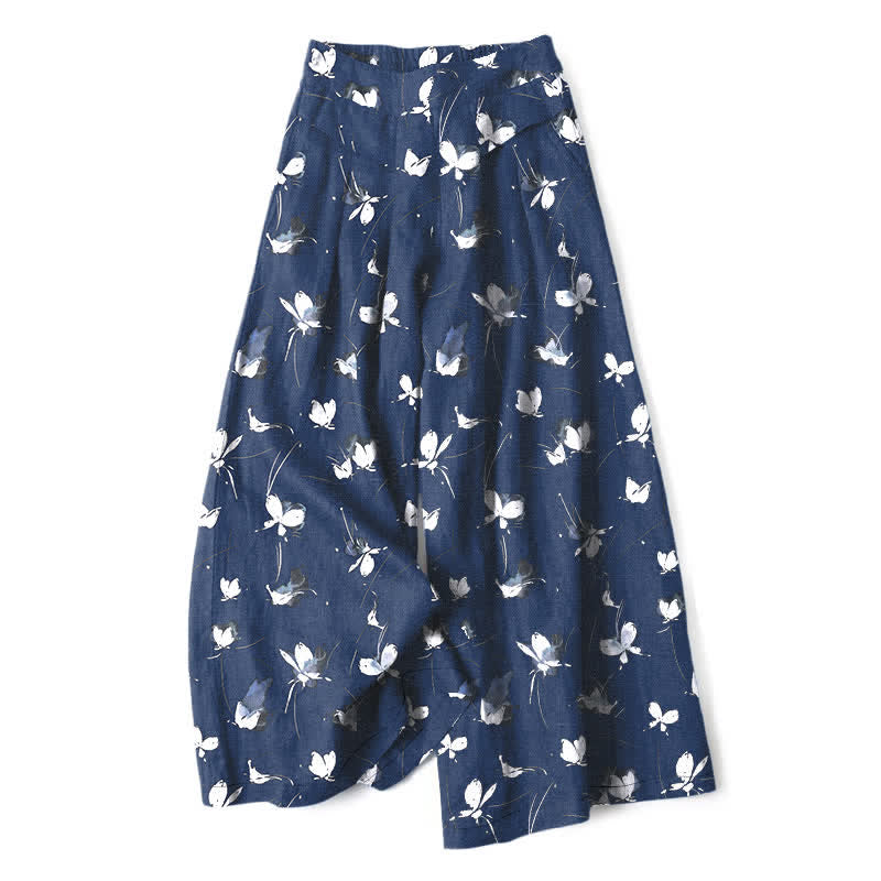 Buddha Stones Cotton Linen Vintage Floral White Butterfly Pattern Women's Elastic Waist Wide Leg Pants With Pockets - MidnightBlue - US16,UK/AU20,EU48 (3XL) - image 6