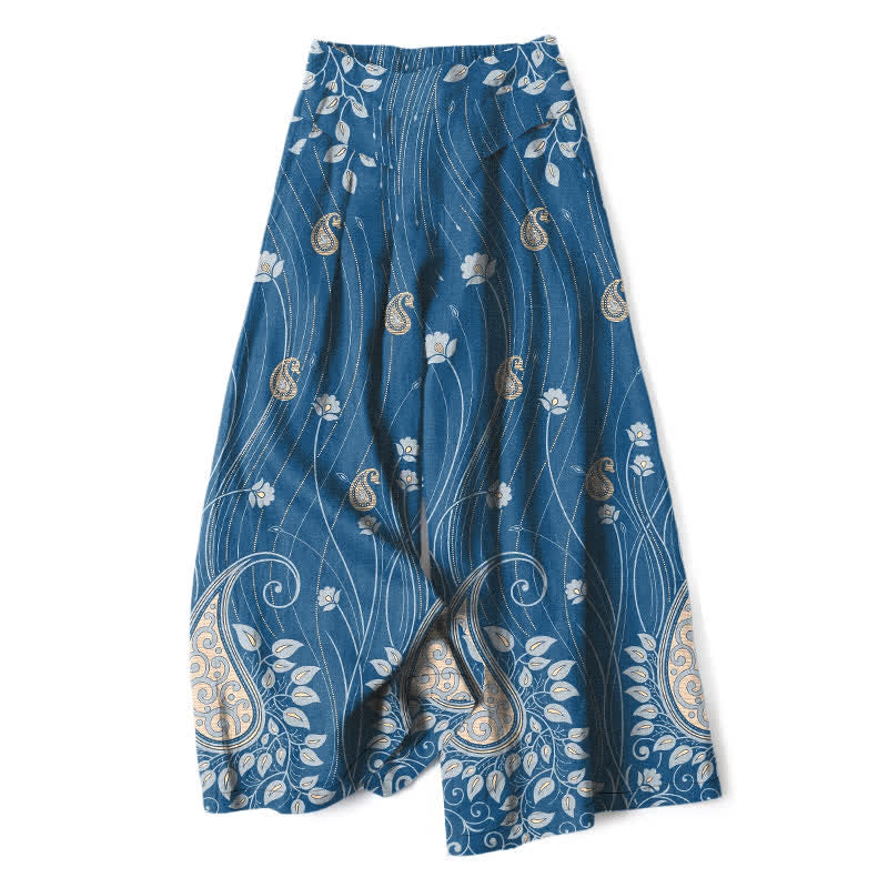 Buddha Stones Cotton Linen Paisley Floral Lines Pattern Women's Elastic Waist Wide Leg Pants With Pockets - SteelBlue - US16,UK/AU20,EU48 (3XL) - image 0