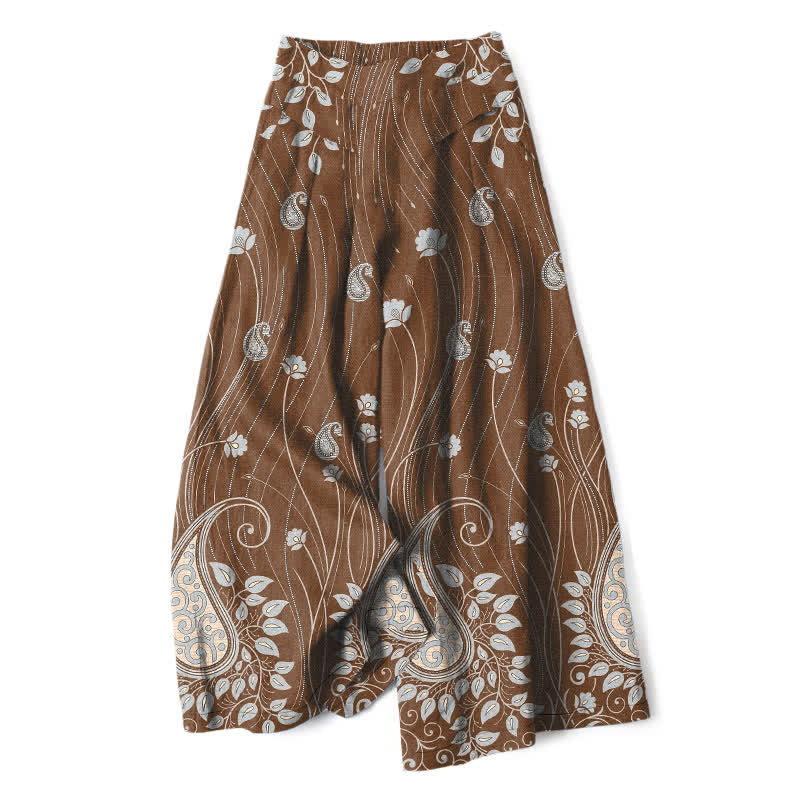 Buddha Stones Cotton Linen Paisley Floral Lines Pattern Women's Elastic Waist Wide Leg Pants With Pockets - Sienna - US16,UK/AU20,EU48 (3XL) - image 4