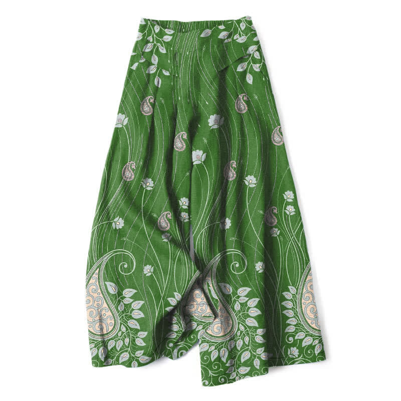 Buddha Stones Cotton Linen Paisley Floral Lines Pattern Women's Elastic Waist Wide Leg Pants With Pockets - ForestGreen - US16,UK/AU20,EU48 (3XL) - image 6