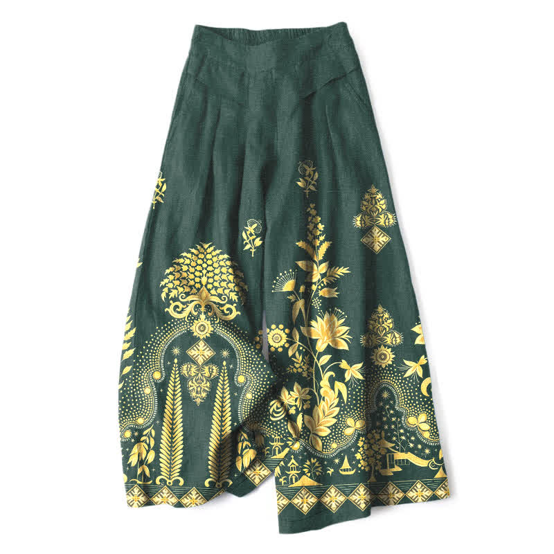Buddha Stones Cotton Linen Bohemian Golden Floral Pattern Women's Elastic Waist Wide Leg Pants With Pockets - DarkGreen - US16,UK/AU20,EU48 (3XL) - image 0