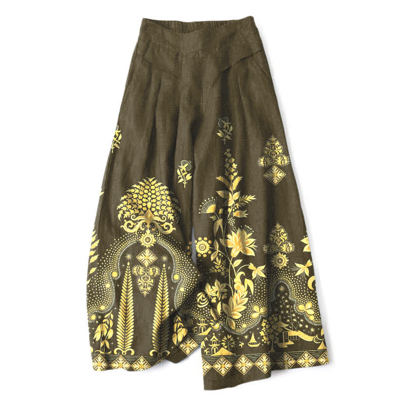 Buddha Stones Cotton Linen Bohemian Golden Floral Pattern Women's Elastic Waist Wide Leg Pants With Pockets - DarkOliveGreen - US16,UK/AU20,EU48 (3XL) - image 4