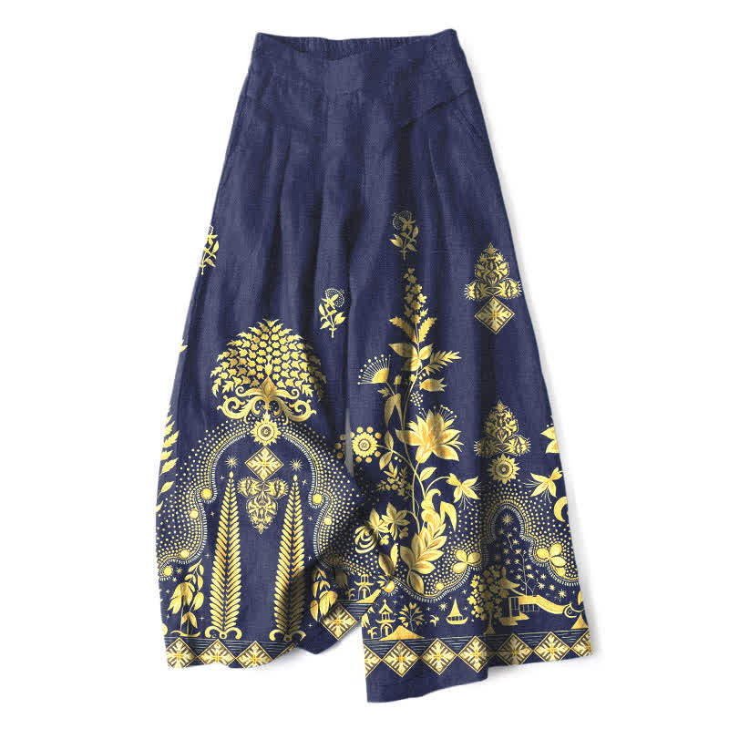 Buddha Stones Cotton Linen Bohemian Golden Floral Pattern Women's Elastic Waist Wide Leg Pants With Pockets - Navy - US16,UK/AU20,EU48 (3XL) - image 6