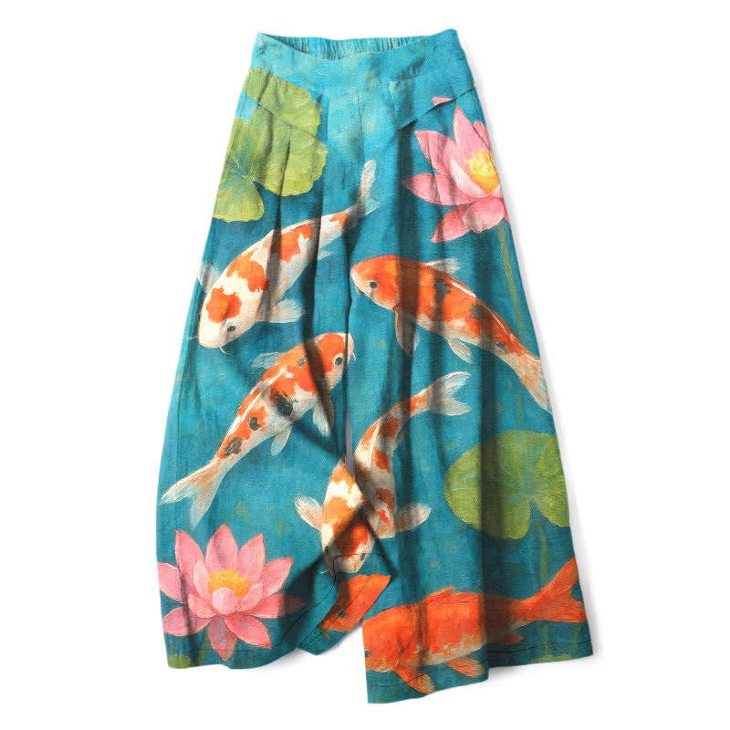 Buddha Stones Cotton Linen Red White Koi Fish Pink Lotus Pattern Women's Elastic Waist Wide Leg Pants With Pockets - DarkTurquoise - US16,UK/AU20,EU48 (3XL) - image 0