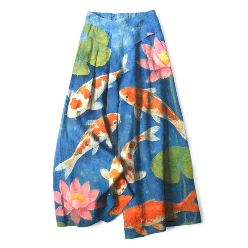 Buddha Stones Cotton Linen Red White Koi Fish Pink Lotus Pattern Women's Elastic Waist Wide Leg Pants With Pockets - RoyalBlue - US16,UK/AU20,EU48 (3XL) - image 4