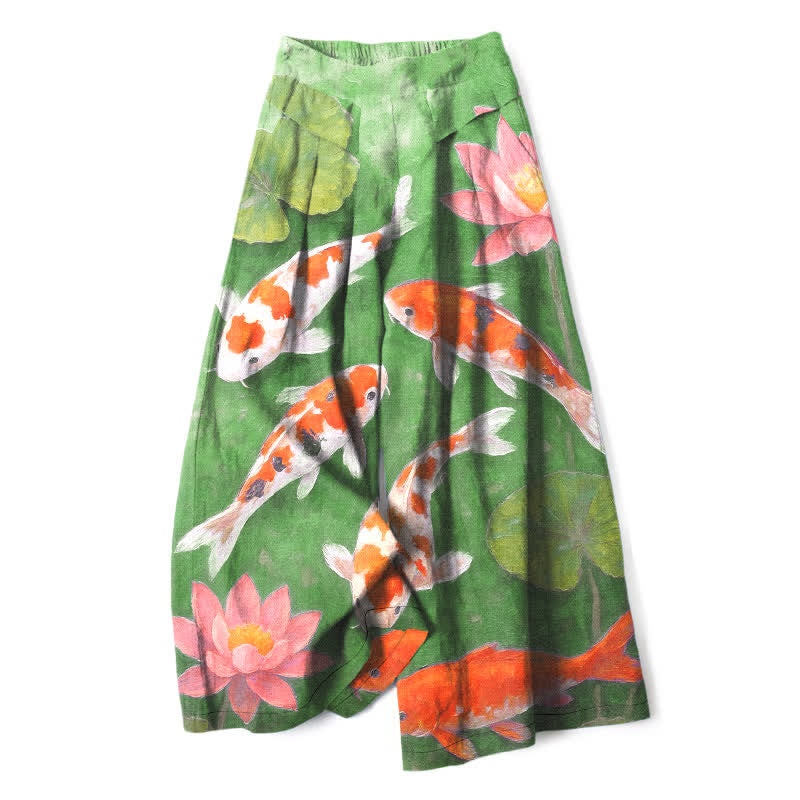 Buddha Stones Cotton Linen Red White Koi Fish Pink Lotus Pattern Women's Elastic Waist Wide Leg Pants With Pockets - PaleGreen - US16,UK/AU20,EU48 (3XL) - image 6