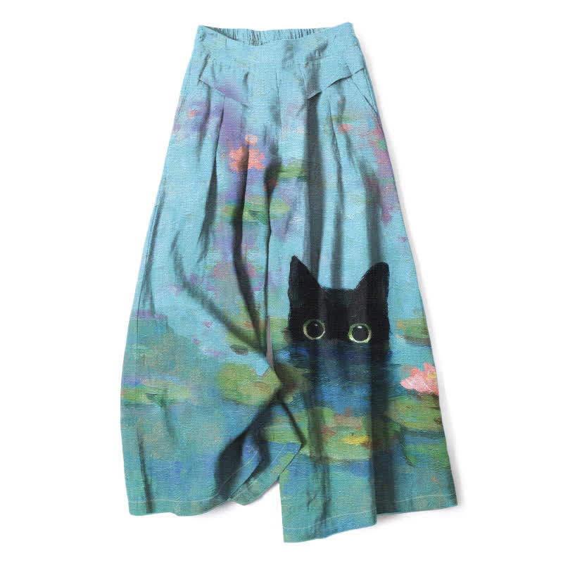 Buddha Stones Cotton Linen Playful Black Cat Lotus Pond Pattern Women's Elastic Waist Wide Leg Pants With Pockets - LightBlue - US16,UK/AU20,EU48 (3XL) - image 0