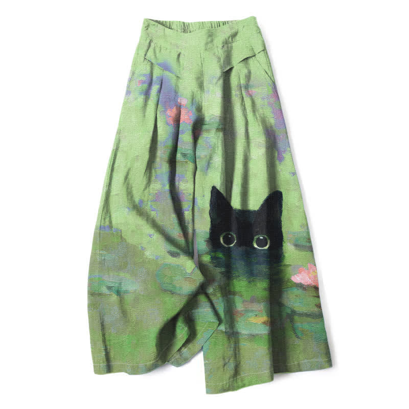 Buddha Stones Cotton Linen Playful Black Cat Lotus Pond Pattern Women's Elastic Waist Wide Leg Pants With Pockets - PaleGreen - US16,UK/AU20,EU48 (3XL) - image 4