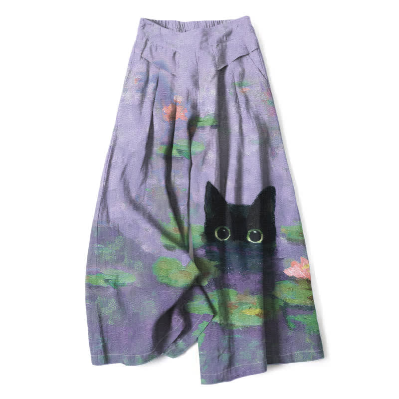 Buddha Stones Cotton Linen Playful Black Cat Lotus Pond Pattern Women's Elastic Waist Wide Leg Pants With Pockets - Lavender - US16,UK/AU20,EU48 (3XL) - image 6