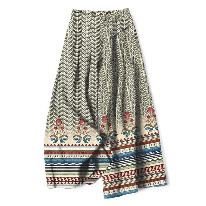 Buddha Stones Cotton Linen Bohemian Geometric Zigzag Pattern Women's Elastic Waist Wide Leg Pants With Pockets - Wheat - US16,UK/AU20,EU48 (3XL) - image 0