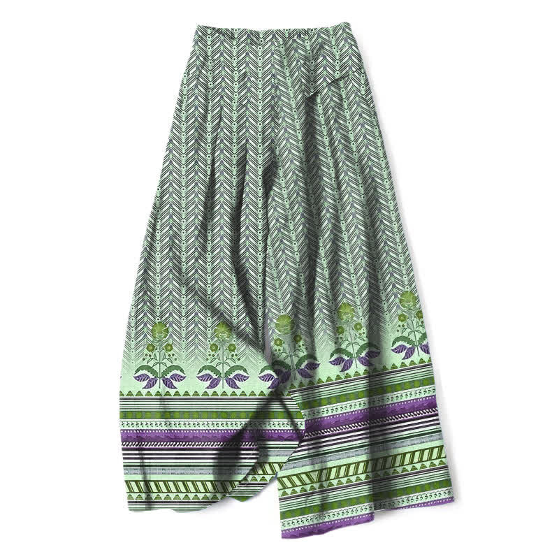 Buddha Stones Cotton Linen Bohemian Geometric Zigzag Pattern Women's Elastic Waist Wide Leg Pants With Pockets - PaleGreen - US16,UK/AU20,EU48 (3XL) - image 6