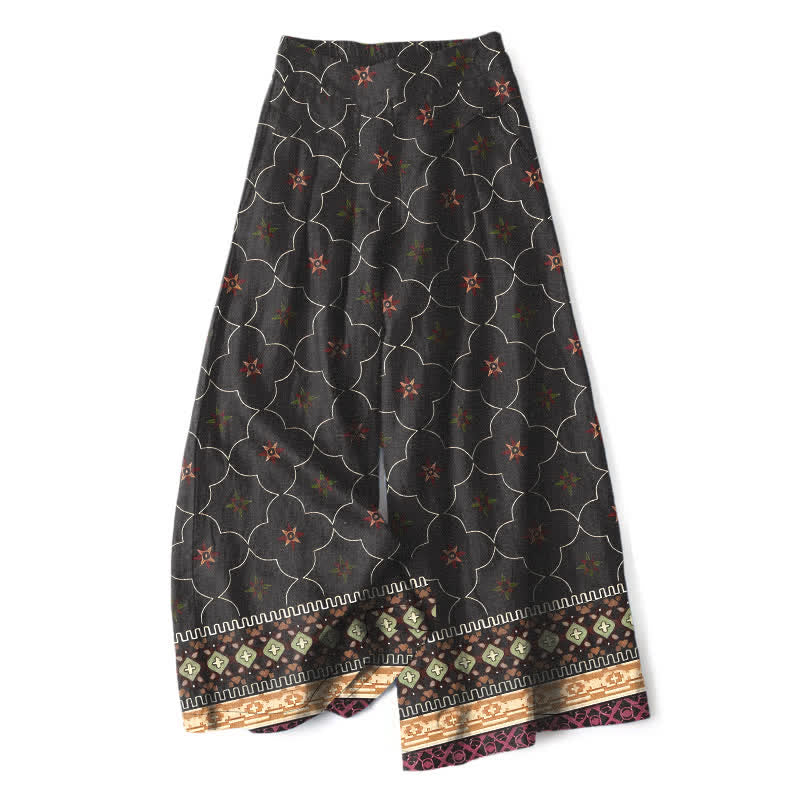 Buddha Stones Cotton Linen Bohemian Geometric Floral Lines Pattern Women's Elastic Waist Wide Leg Pants With Pockets - Black - US16,UK/AU20,EU48 (3XL) - image 4