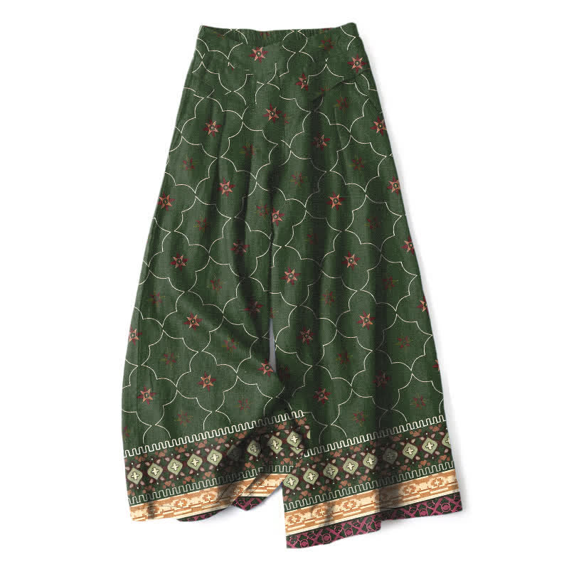 Buddha Stones Cotton Linen Bohemian Geometric Floral Lines Pattern Women's Elastic Waist Wide Leg Pants With Pockets - DarkOliveGreen - US16,UK/AU20,EU48 (3XL) - image 6