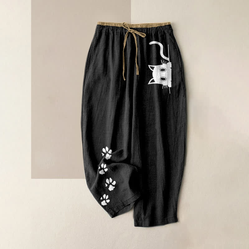 Buddha Stones Pure Cotton Cute Cat Paw Print Pattern Women's Elastic Waist Pants With Pockets - Black - US16,UK/AU20,EU48 (3XL) - image 0