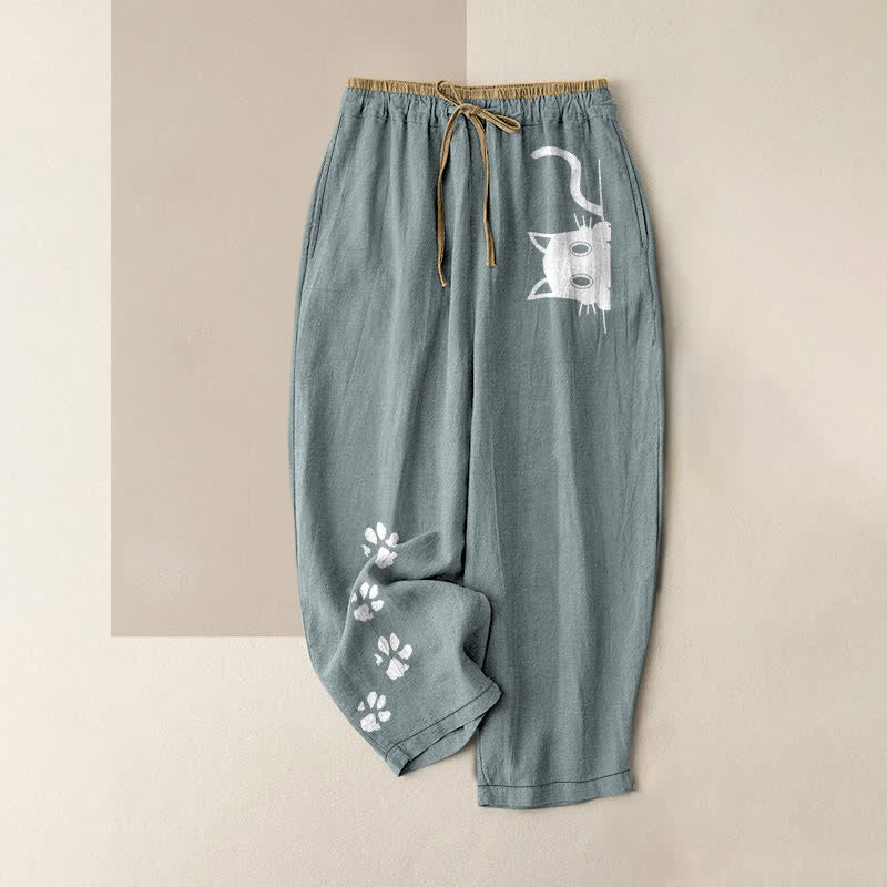 Buddha Stones Pure Cotton Cute Cat Paw Print Pattern Women's Elastic Waist Pants With Pockets - LightBlue - US16,UK/AU20,EU48 (3XL) - image 4