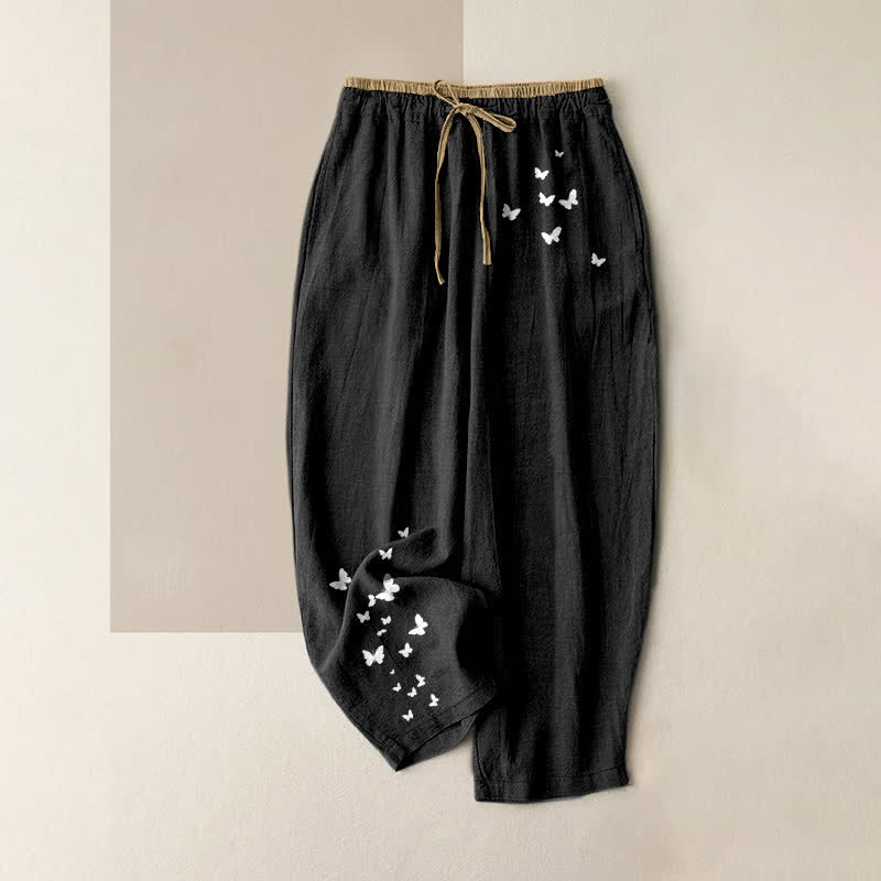 Buddha Stones Pure Cotton White Butterfly Pattern Women's Elastic Waist Pants With Pockets - Black - US16,UK/AU20,EU48 (3XL) - image 4