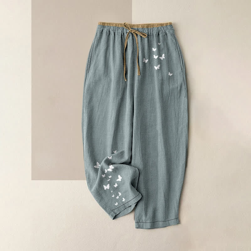 Buddha Stones Pure Cotton White Butterfly Pattern Women's Elastic Waist Pants With Pockets - LightBlue - US16,UK/AU20,EU48 (3XL) - image 0