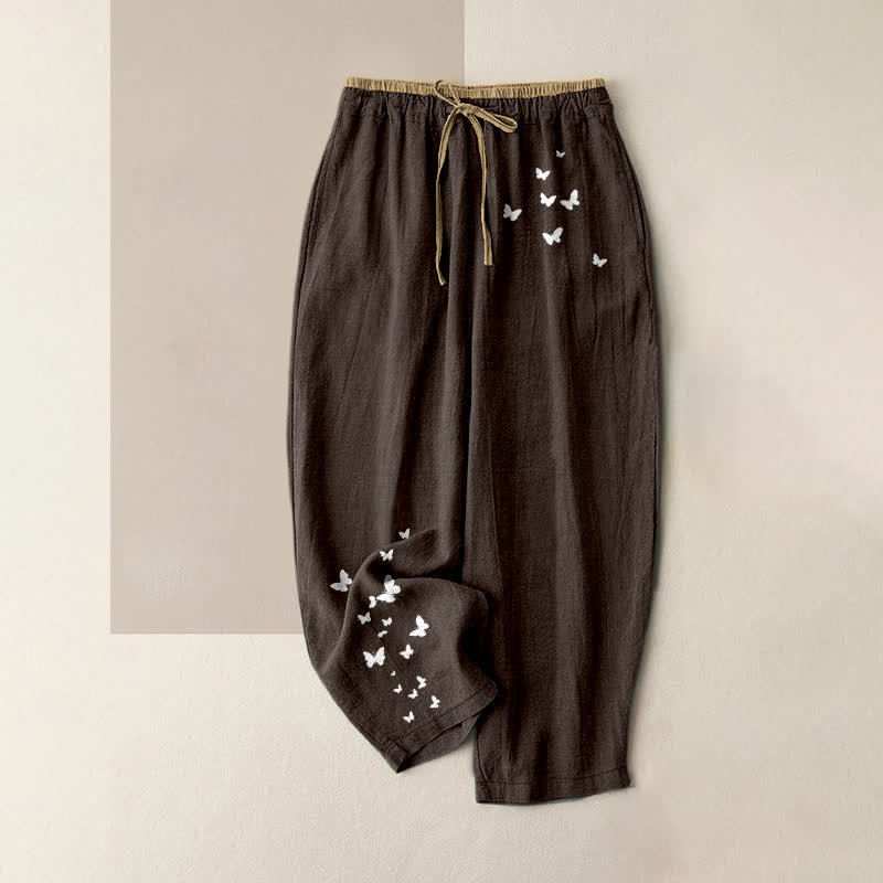 Buddha Stones Pure Cotton White Butterfly Pattern Women's Elastic Waist Pants With Pockets - SaddleBrown - US16,UK/AU20,EU48 (3XL) - image 8