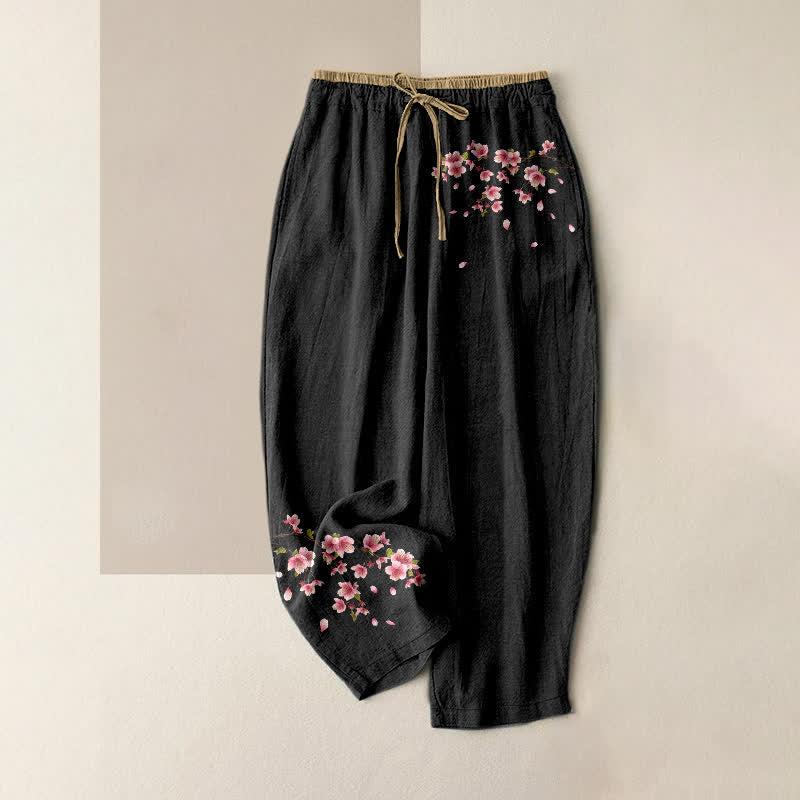 Buddha Stones Pure Cotton Pink Blossom Pattern Women's Elastic Waist Pants With Pockets - Black - US16,UK/AU20,EU48 (3XL) - image 0