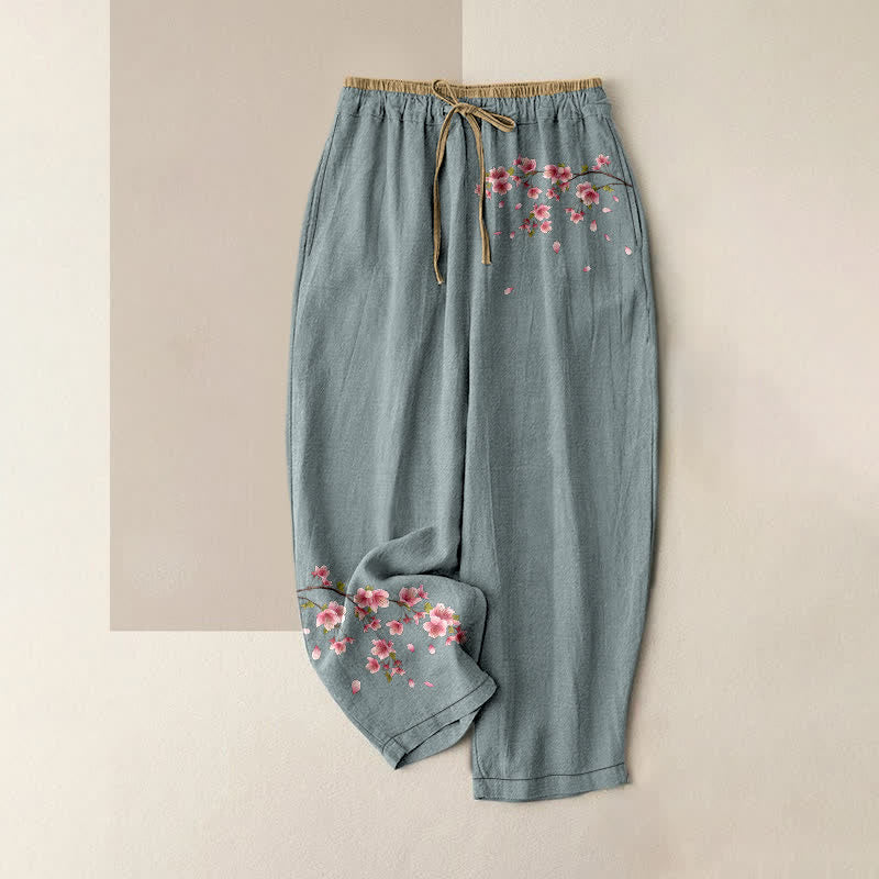 Buddha Stones Pure Cotton Pink Blossom Pattern Women's Elastic Waist Pants With Pockets - LightBlue - US16,UK/AU20,EU48 (3XL) - image 4