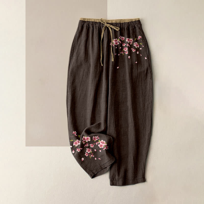 Buddha Stones Pure Cotton Pink Blossom Pattern Women's Elastic Waist Pants With Pockets - SaddleBrown - US16,UK/AU20,EU48 (3XL) - image 8