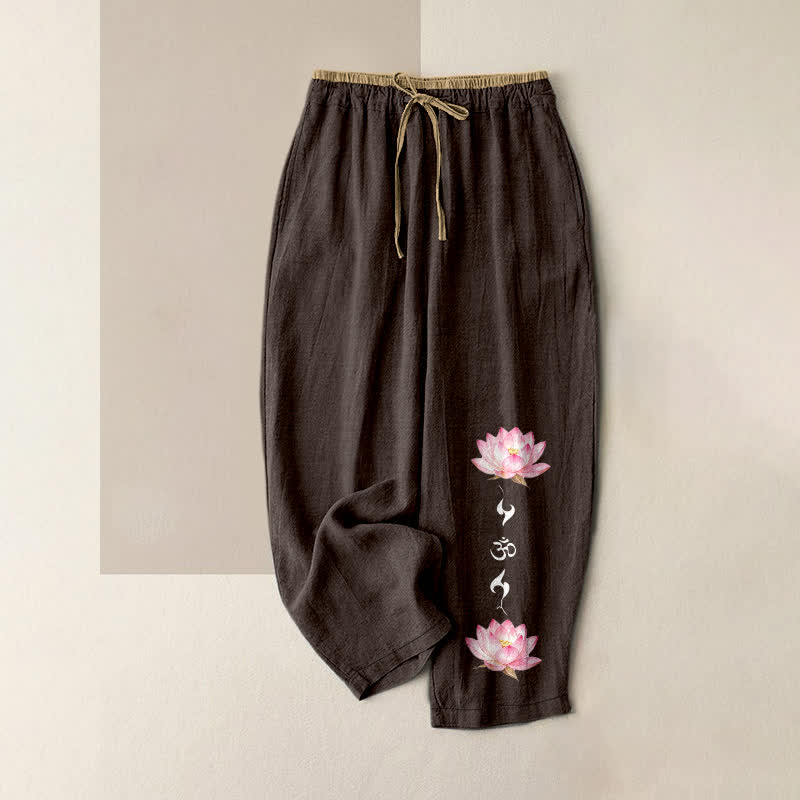 Buddha Stones Pure Cotton Pink Lotus OM Zen Pattern Women's Elastic Waist Pants With Pockets - SaddleBrown - US16,UK/AU20,EU48 (3XL) - image 8