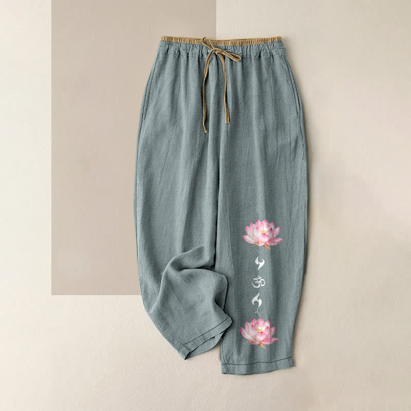 Buddha Stones Pure Cotton Pink Lotus OM Zen Pattern Women's Elastic Waist Pants With Pockets - LightBlue - US16,UK/AU20,EU48 (3XL) - image 0