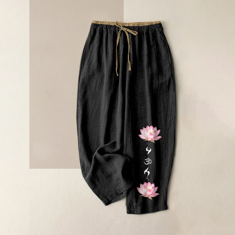 Buddha Stones Pure Cotton Pink Lotus OM Zen Pattern Women's Elastic Waist Pants With Pockets - Black - US16,UK/AU20,EU48 (3XL) - image 4