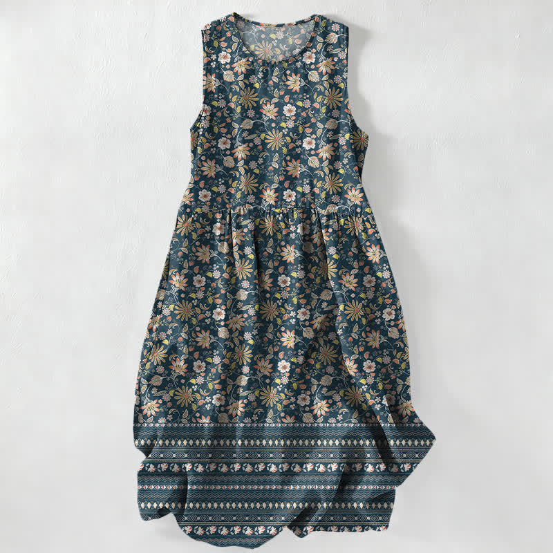 Buddha Stones Summer Casual Vintage Floral Leaves Stripe Pattern Women's Summer Sleeveless Midi Dress With Pockets - SteelBlue - US16,UK/AU20,EU48 (3XL) - image 0