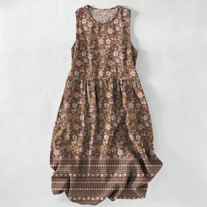 Buddha Stones Summer Casual Vintage Floral Leaves Stripe Pattern Women's Summer Sleeveless Midi Dress With Pockets - Sienna - US16,UK/AU20,EU48 (3XL) - image 4