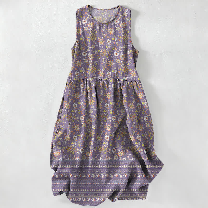 Buddha Stones Summer Casual Vintage Floral Leaves Stripe Pattern Women's Summer Sleeveless Midi Dress With Pockets - MediumPurple - US16,UK/AU20,EU48 (3XL) - image 5