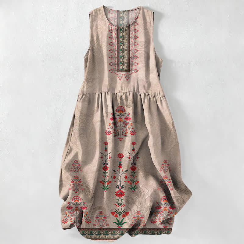 Buddha Stones Summer Casual Vintage Geometry Small Red Floral Pattern Women's Summer Sleeveless Midi Dress With Pockets - Tan - US16,UK/AU20,EU48 (3XL) - image 0