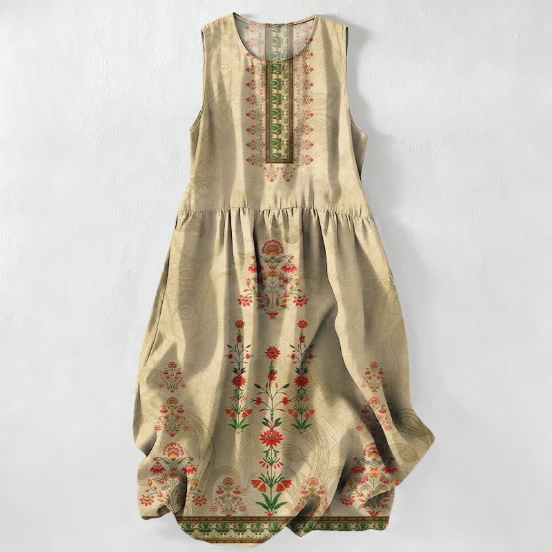 Buddha Stones Summer Casual Vintage Geometry Small Red Floral Pattern Women's Summer Sleeveless Midi Dress With Pockets - PaleGoldenrod - US16,UK/AU20,EU48 (3XL) - image 4