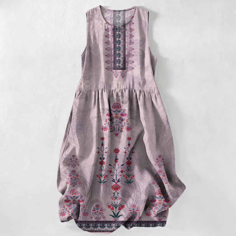 Buddha Stones Summer Casual Vintage Geometry Small Red Floral Pattern Women's Summer Sleeveless Midi Dress With Pockets - Thistle - US16,UK/AU20,EU48 (3XL) - image 5