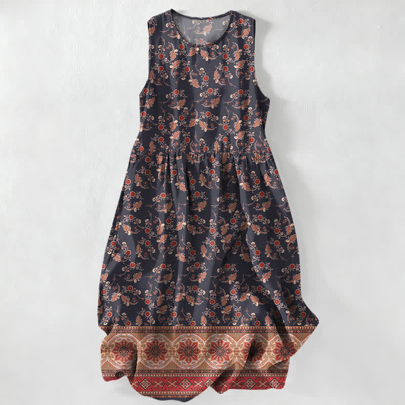 Buddha Stones Summer Casual Vintage Floral Border Pattern Women's Summer Sleeveless Midi Dress With Pockets - Black - US16,UK/AU20,EU48 (3XL) - image 0