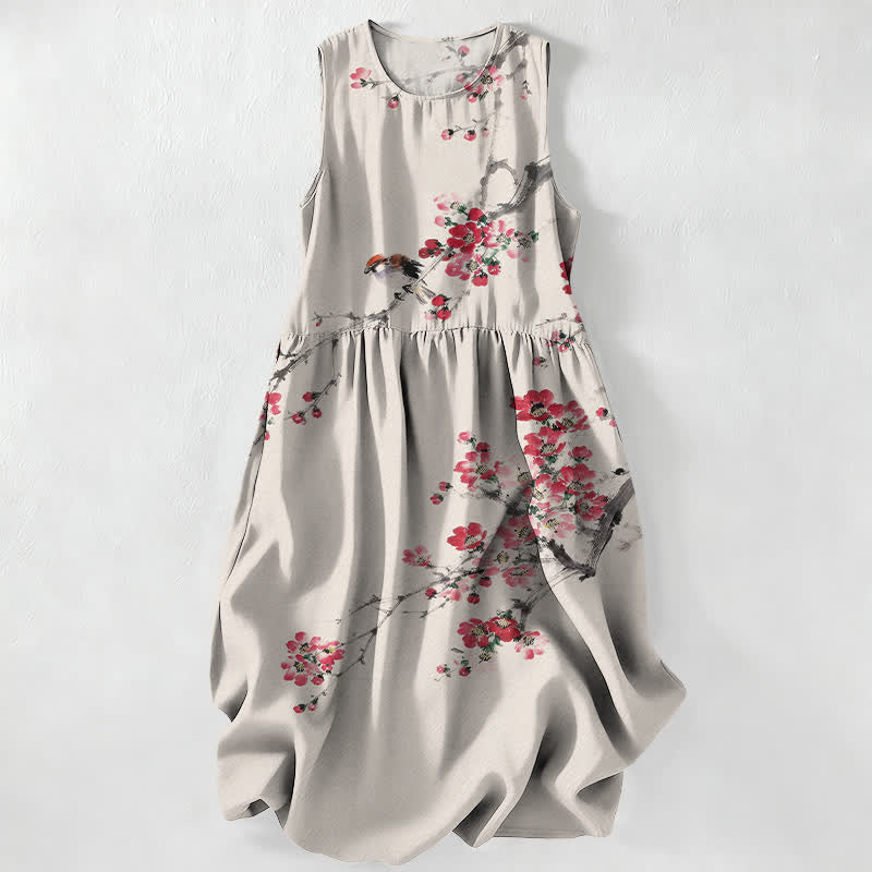Buddha Stones Summer Casual Pink Blossom Branches Pattern Women's Summer Sleeveless Midi Dress With Pockets - Beige - US16,UK/AU20,EU48 (3XL) - image 0