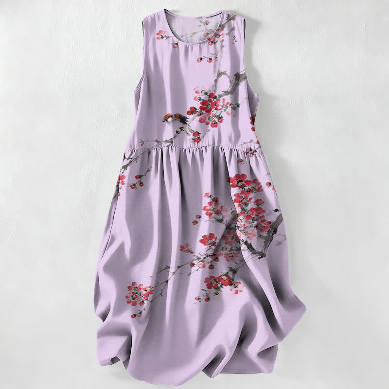 Buddha Stones Summer Casual Pink Blossom Branches Pattern Women's Summer Sleeveless Midi Dress With Pockets - Thistle - US16,UK/AU20,EU48 (3XL) - image 4