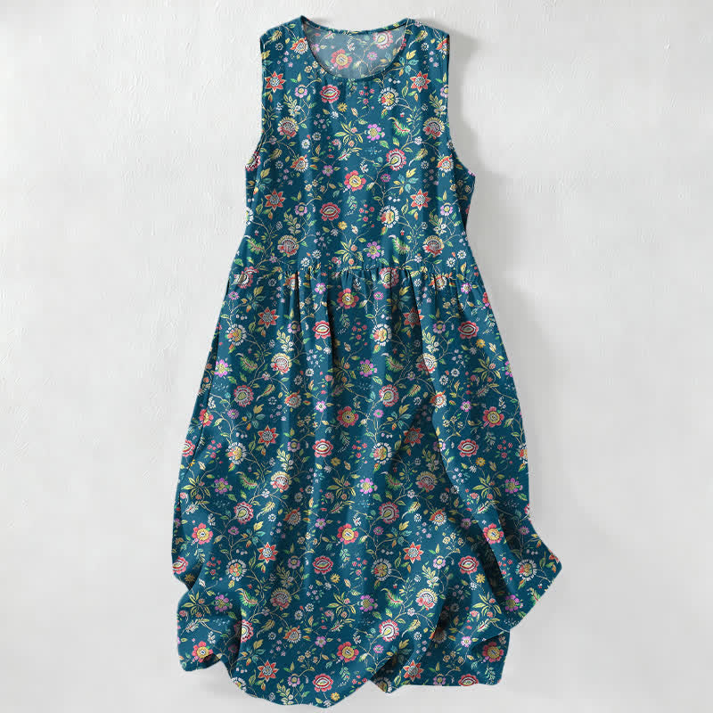 Buddha Stones Summer Casual Vintage Wildflower Leaves Pattern Women's Summer Sleeveless Midi Dress With Pockets - SteelBlue - US16,UK/AU20,EU48 (3XL) - image 0