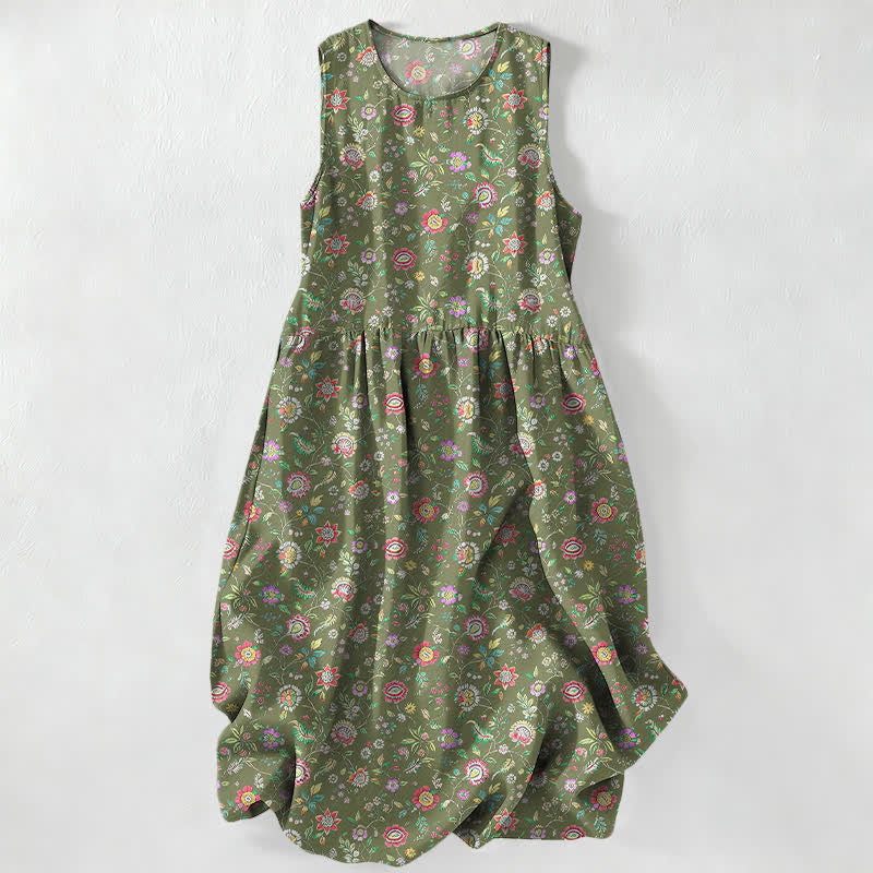 Buddha Stones Summer Casual Vintage Wildflower Leaves Pattern Women's Summer Sleeveless Midi Dress With Pockets - DarkOliveGreen - US16,UK/AU20,EU48 (3XL) - image 4