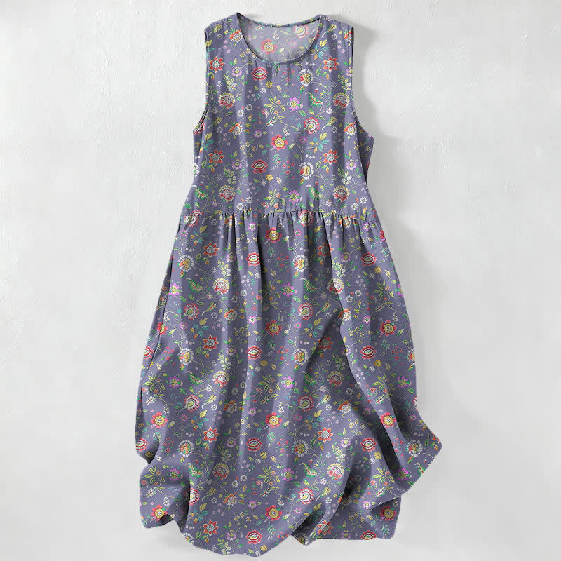 Buddha Stones Summer Casual Vintage Wildflower Leaves Pattern Women's Summer Sleeveless Midi Dress With Pockets - MediumPurple - US16,UK/AU20,EU48 (3XL) - image 5