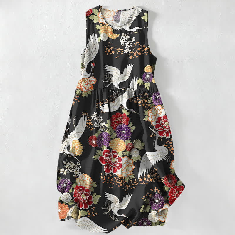 Buddha Stones Summer Casual Vintage Crane Floral Pattern Women's Summer Sleeveless Midi Dress With Pockets - Black - US16,UK/AU20,EU48 (3XL) - image 0